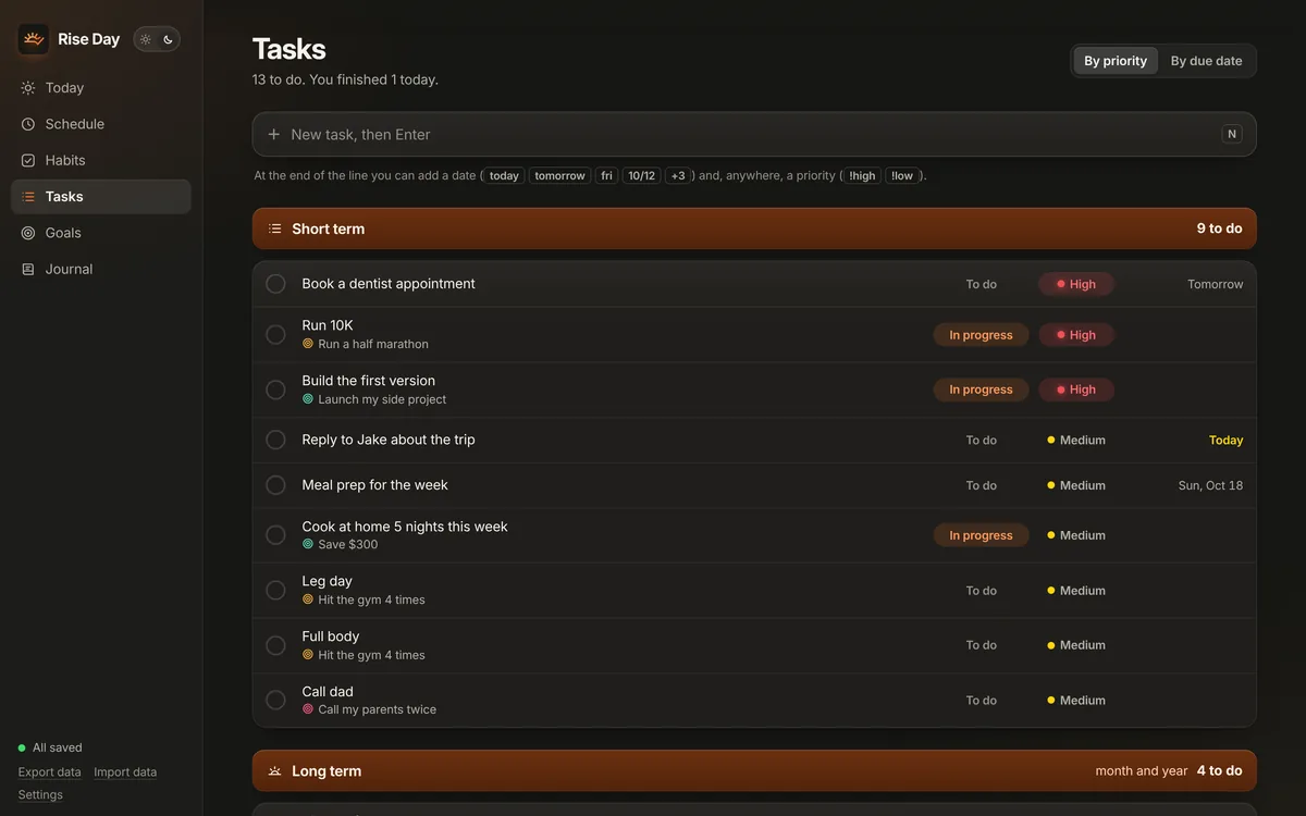 Tasks: short term and long term lists with priority