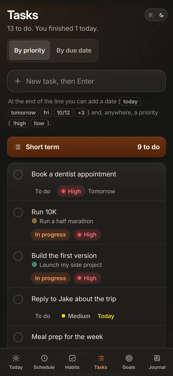Tasks: short term and long term, with priority and due date